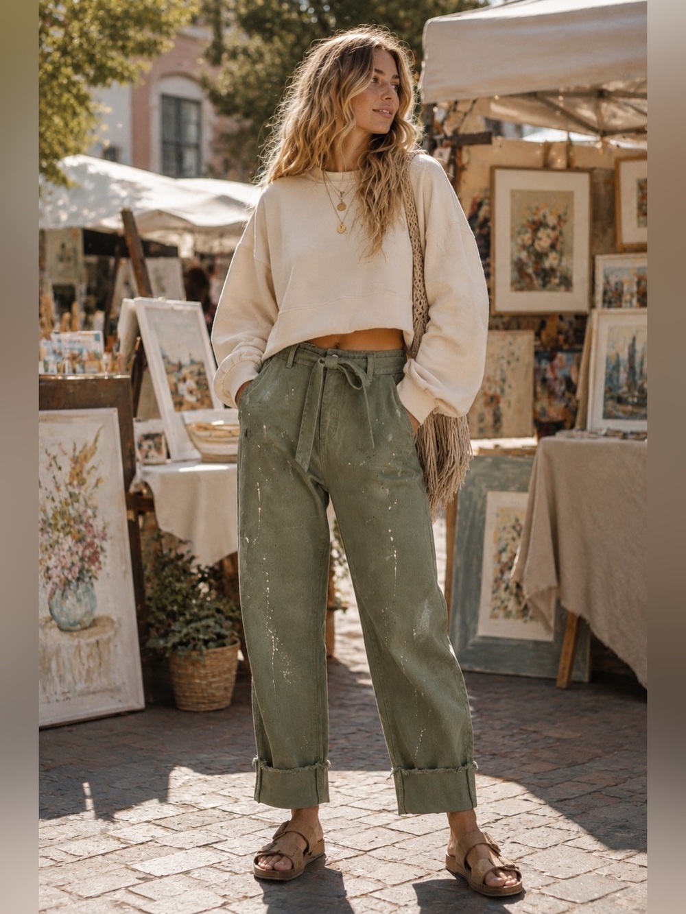 NWT Risen Sage Green Paint Splatter Slouch Barrel Jeans w/ Tie Belt | Size 9/29